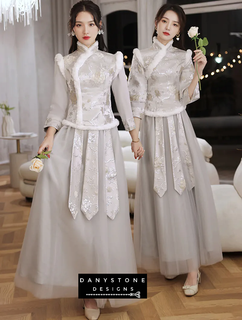 "Model wearing Chic Chinese Style Long Sleeve Wedding & Party Bridesmaid Dress"