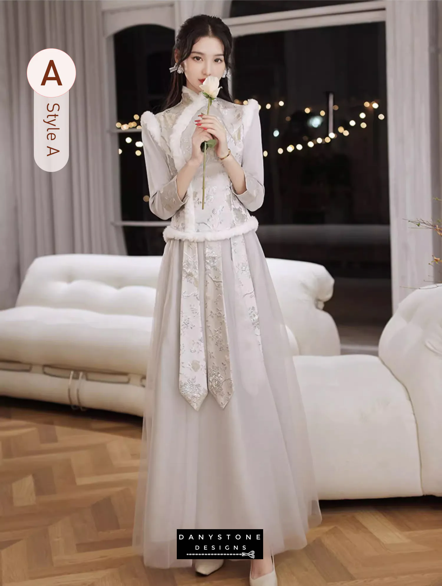 "Model in a stylish indoor setting wearing the Chinese style bridesmaid dress"