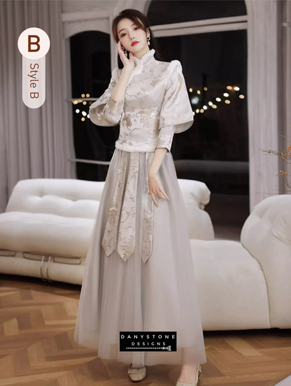 "Model in the Chinese style dress with a regal stand neck design"