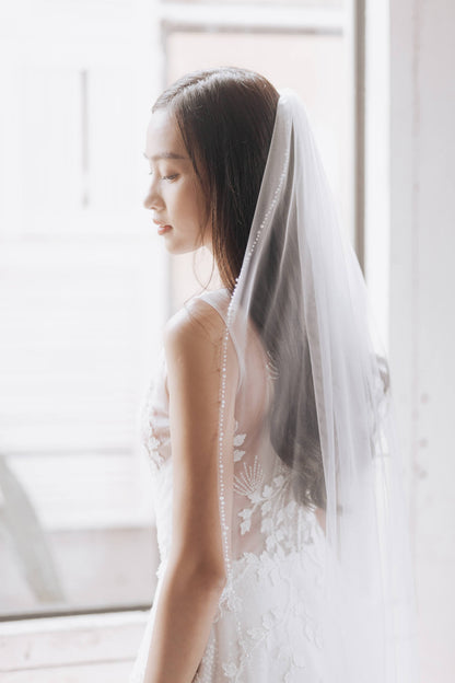 Woman wearing a white wedding dress with a veil indoors