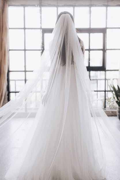 Person wearing a long white wedding veil in front of large windows.