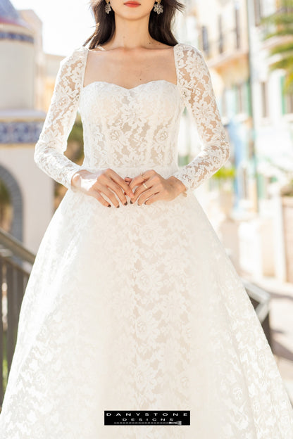 Lace Dress with Puffy Square Neck and Long Sleeves