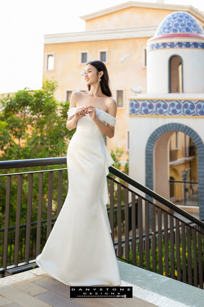 Flat Shoulder Fishtail Wedding Dress with 3D Floral Accents