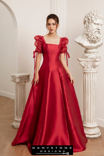 Elegant seven-piece red wedding dress with detailed silk chiffon sleeves