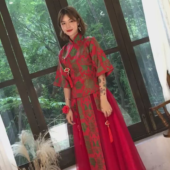 "Two women in vintage Chinese style red gowns by Danystone Designs"