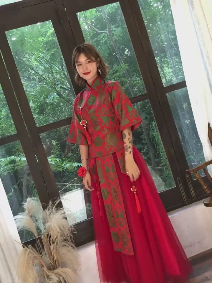 "Two women in vintage Chinese style red gowns by Danystone Designs"