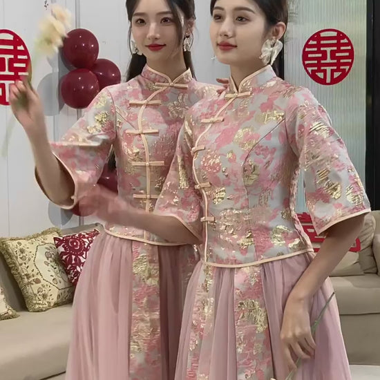 "Two women wearing Elegant Pink Chinese Style Bridesmaids Dress with Intricate Embroidery"