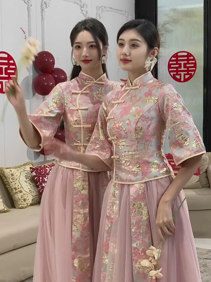 "Two women wearing Elegant Pink Chinese Style Bridesmaids Dress with Intricate Embroidery"