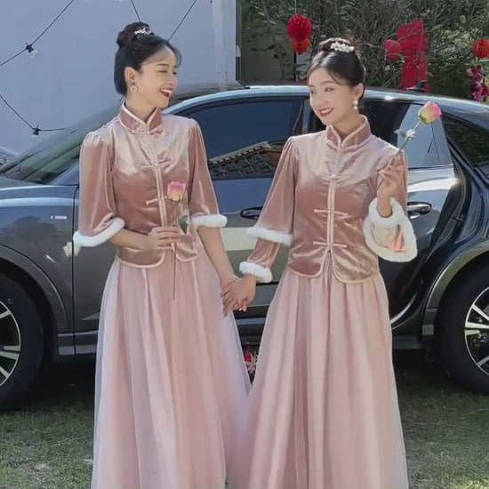 "Two women wearing Charming Thicken Pink Velvet Long Sleeve Chinese Style Dress"