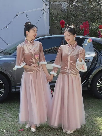 "Two women wearing Charming Thicken Pink Velvet Long Sleeve Chinese Style Dress"