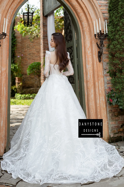 "Back view of Royal Floral Lace Wedding Dress showing elegant lace embroidery"